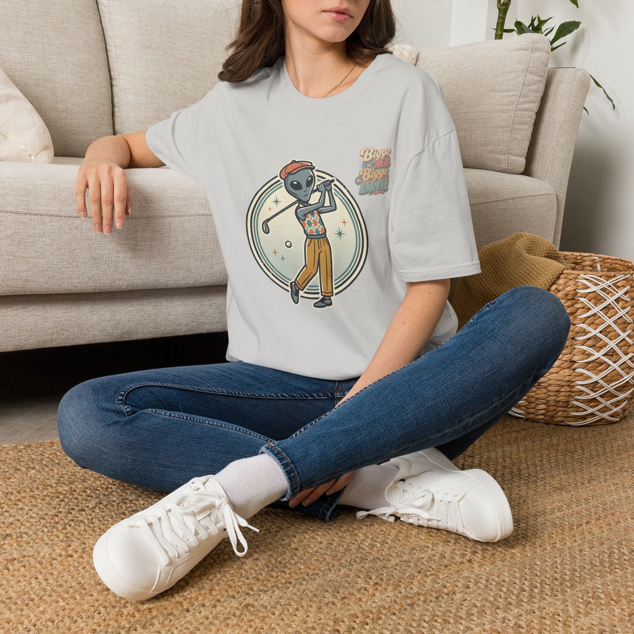 Alien Golfer T‑Shirt : The Bigger the Head, The Bigger the Drive"— Vintage Space Golf Graphic Tee