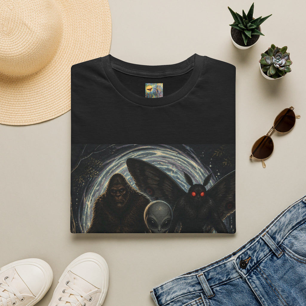 Creepy Cryptid Art T-Shirt :"S#*$ wer'e back here again" — Mothman & Alien Vintage Horror Design