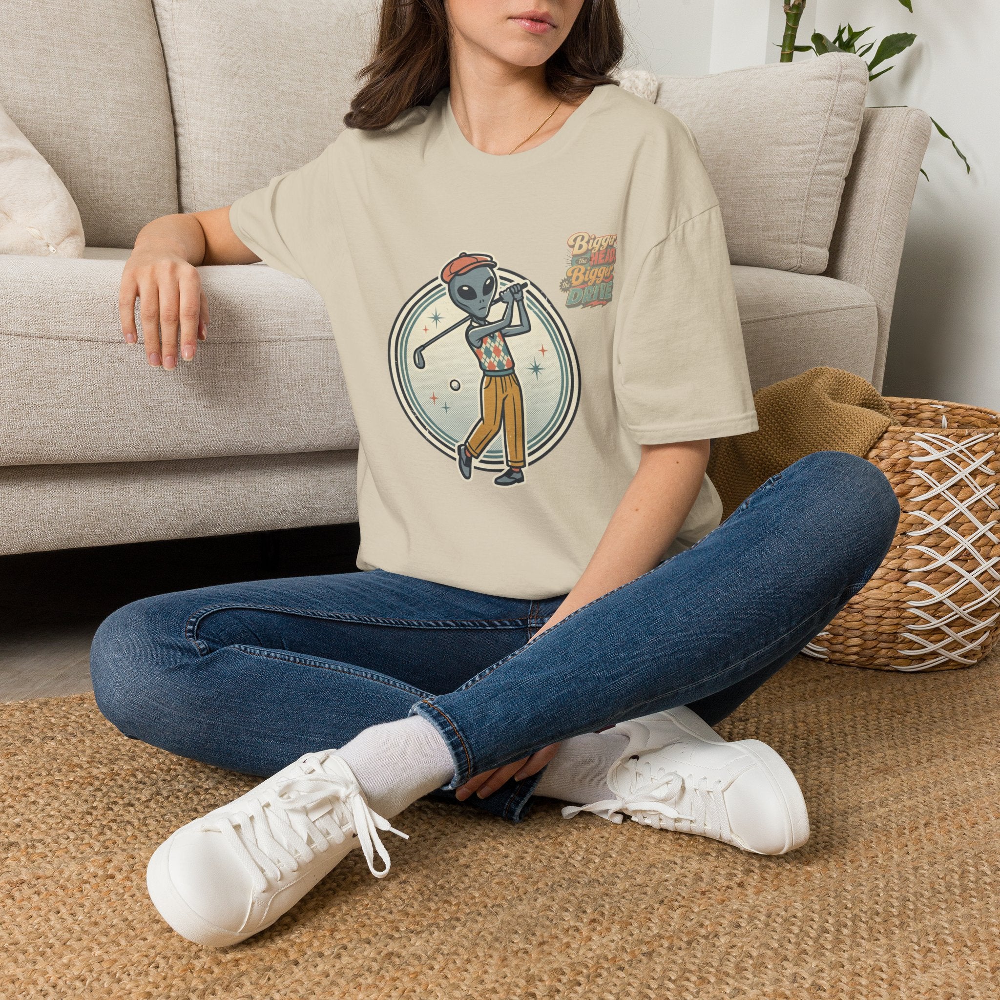 Alien Golfer T‑Shirt : The Bigger the Head, The Bigger the Drive"— Vintage Space Golf Graphic Tee