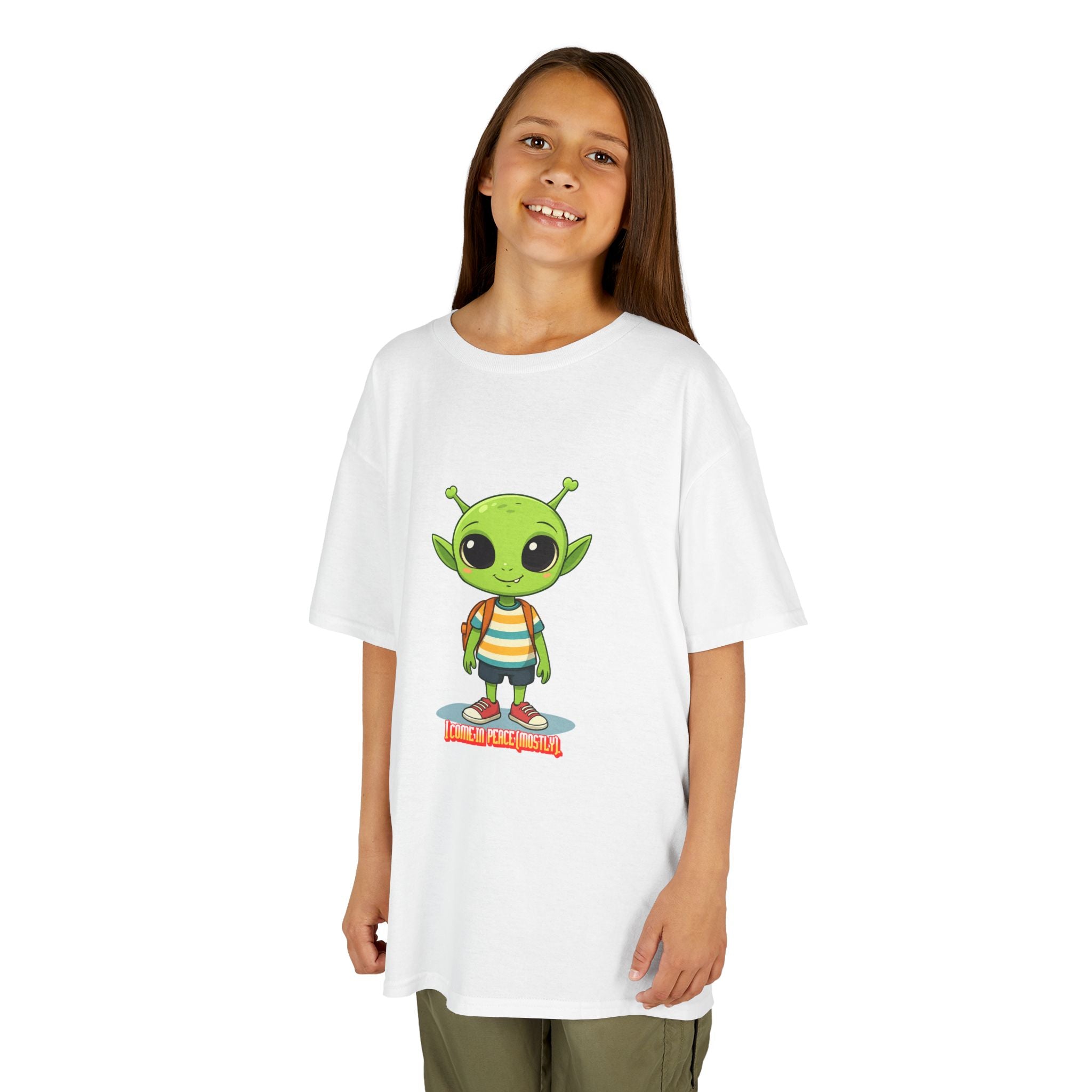 Kids Alien Graphic Tee - Cute Green Alien with Backpack