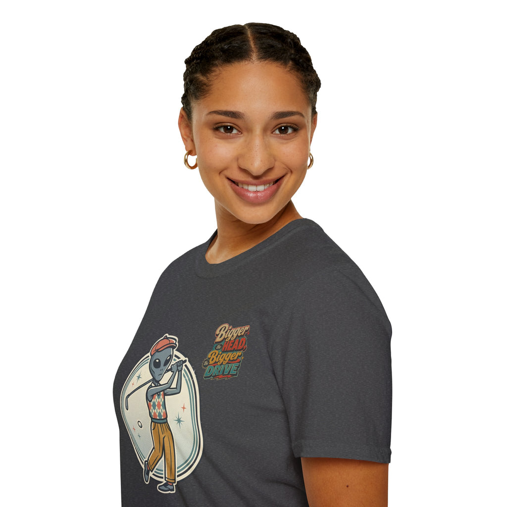 Alien Golfer T‑Shirt : The Bigger the Head, The Bigger the Drive"— Vintage Space Golf Graphic Tee