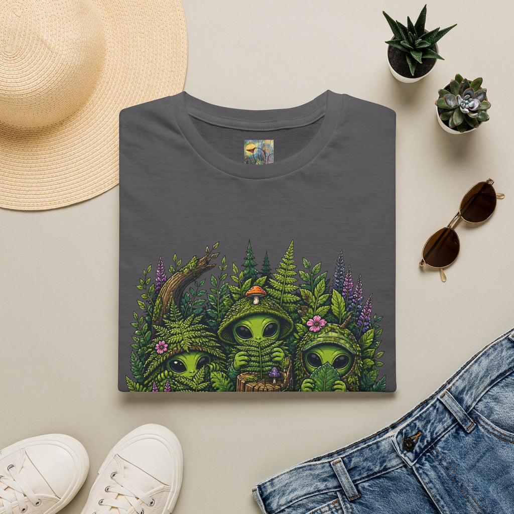 Alien Forest T-Shirt — Cute Green UFO Creatures with Mushrooms & Flowers