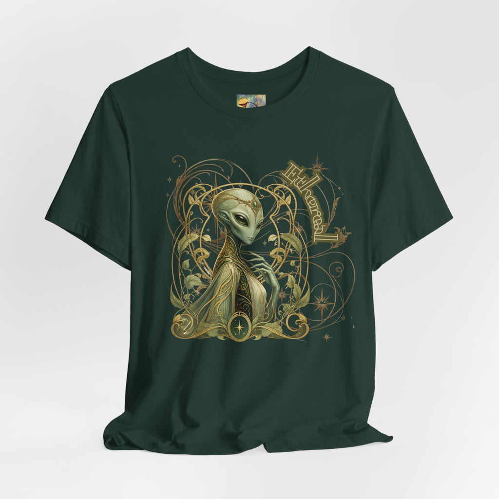 Alien Art Noveau Embrace T-Shirt — Mystical Green Alien Graphic Tee for Sci‑Fi Fans