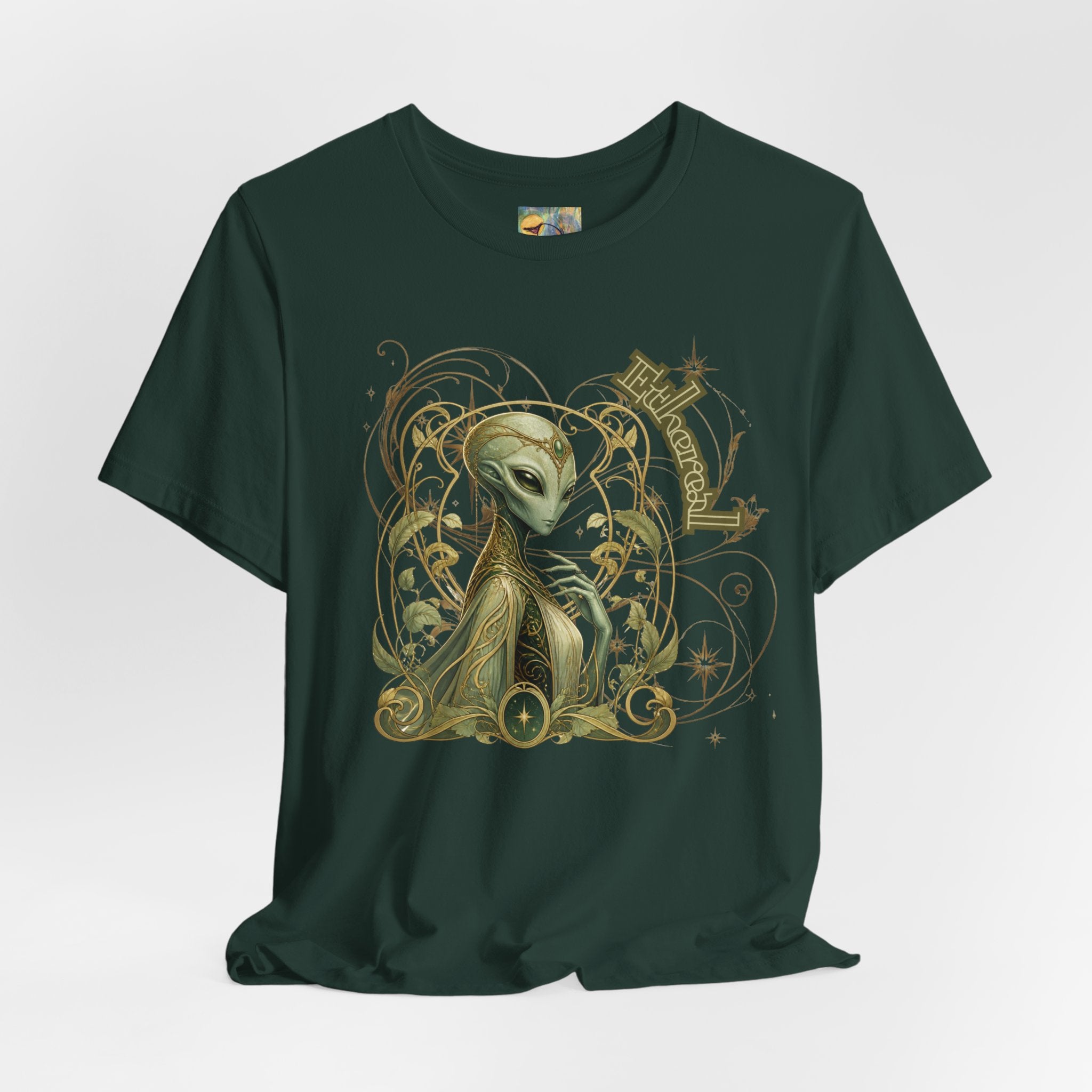 Alien Art Noveau Embrace T-Shirt — Mystical Green Alien Graphic Tee for Sci‑Fi Fans