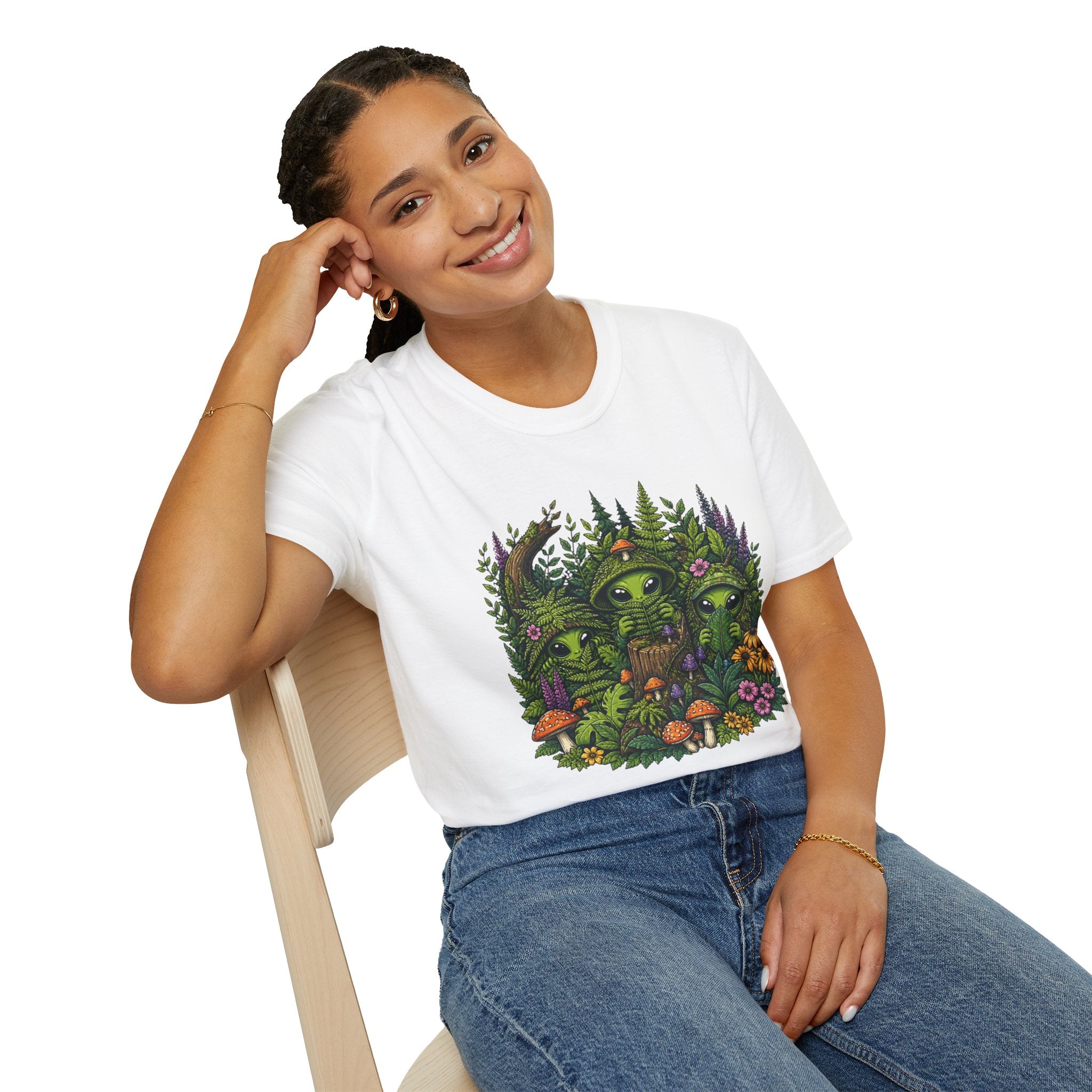 Alien Forest T-Shirt — Cute Green UFO Creatures with Mushrooms & Flowers