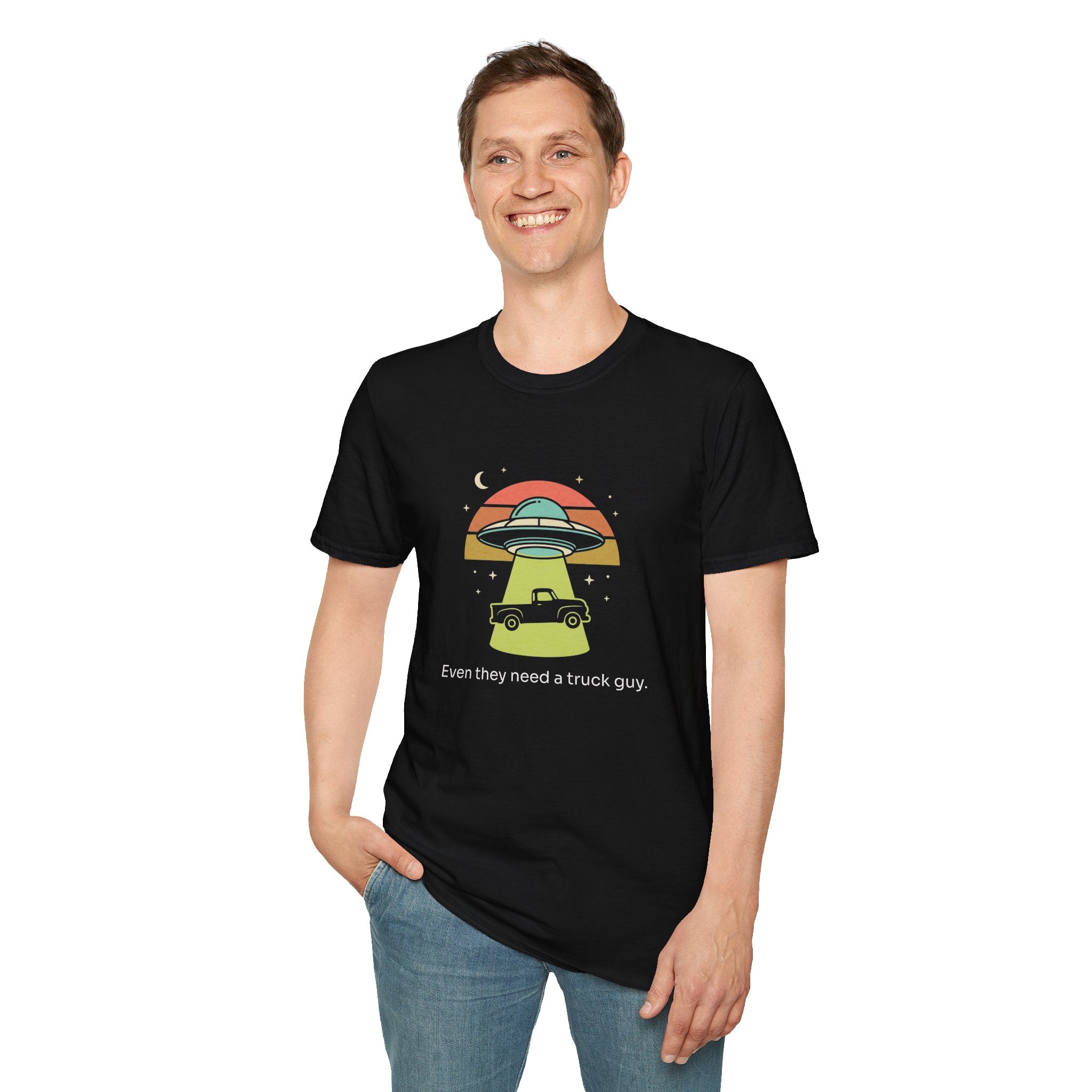 "Even Aliens need a truck guy" UFO Abduction T-Shirt — Retro Sunset Alien Tee
