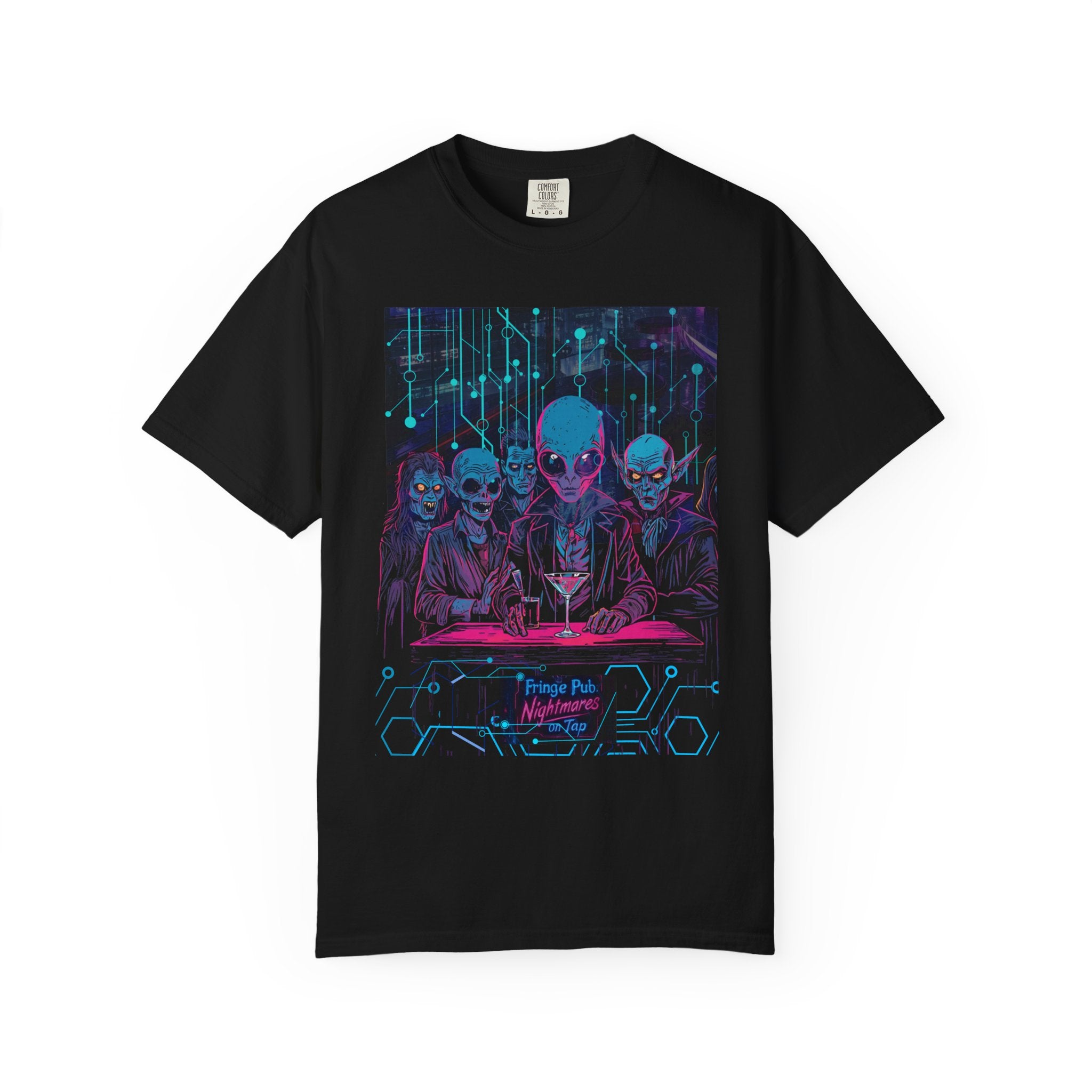 Fringe Bar: Nightmares on Tap T-Shirt — Retro Cyberpunk Horror Aliens Graphic Tee