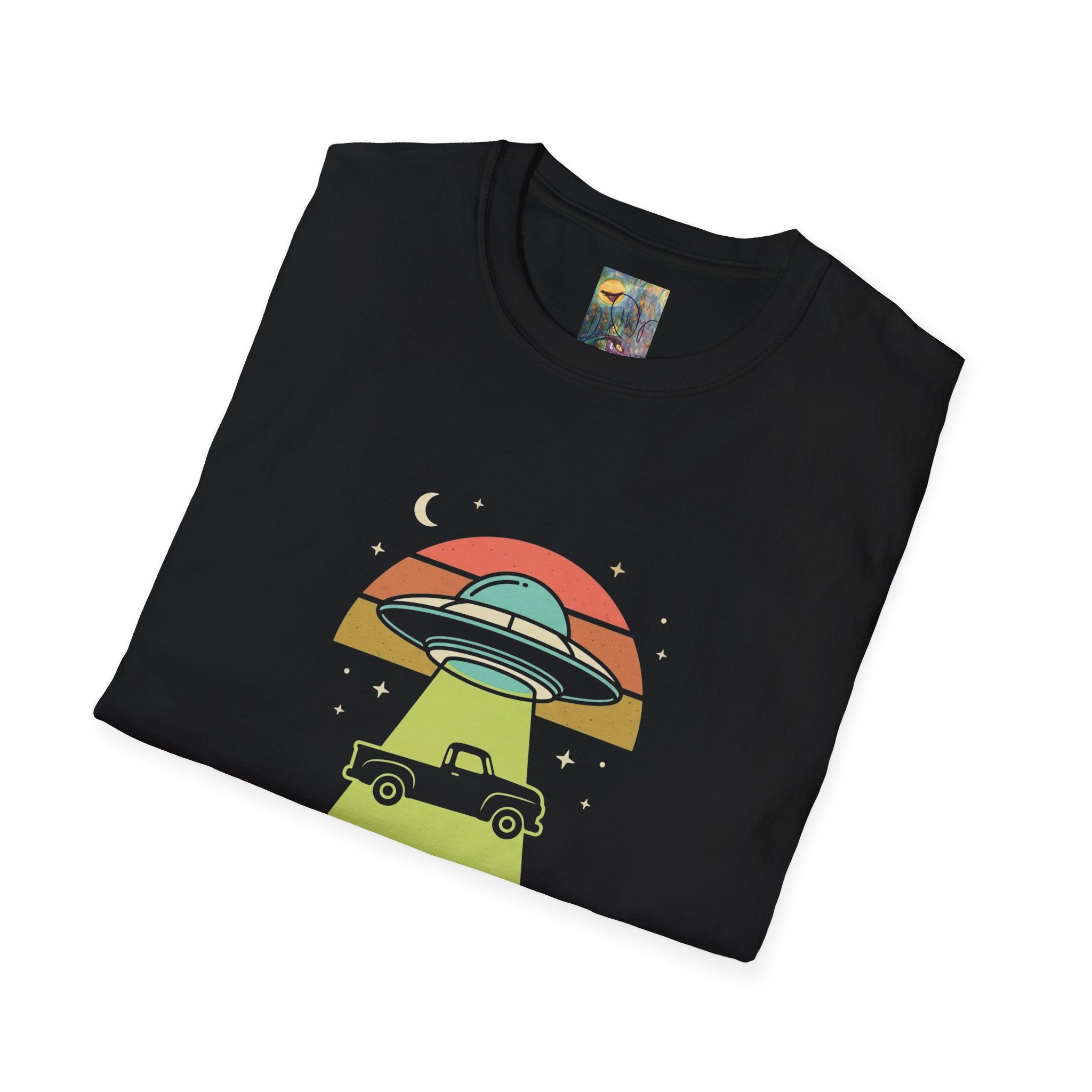 "Even Aliens need a truck guy" UFO Abduction T-Shirt — Retro Sunset Alien Tee