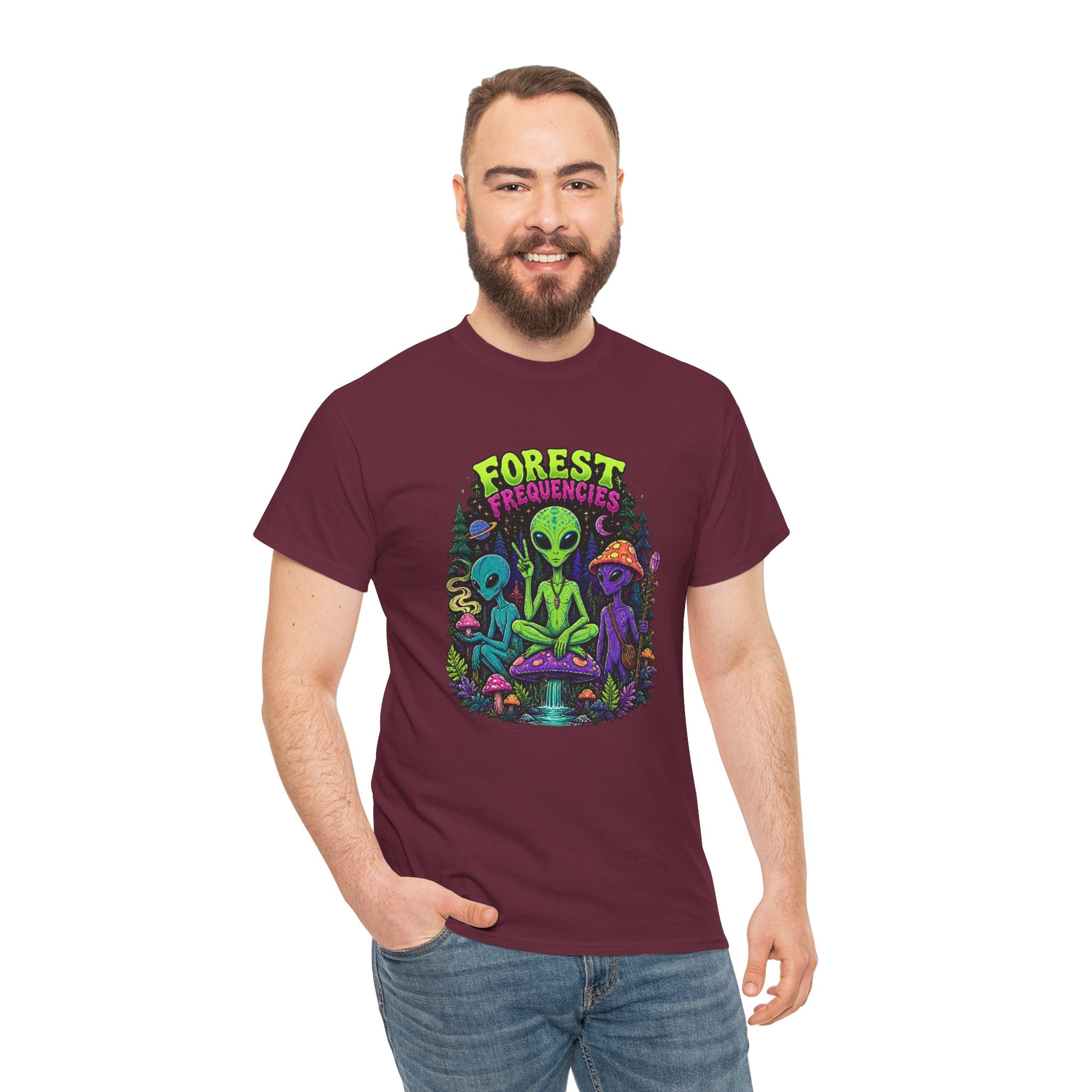 Forest Frequencies Alien T-Shirt — Psychedelic Mushroom Meditation Tee