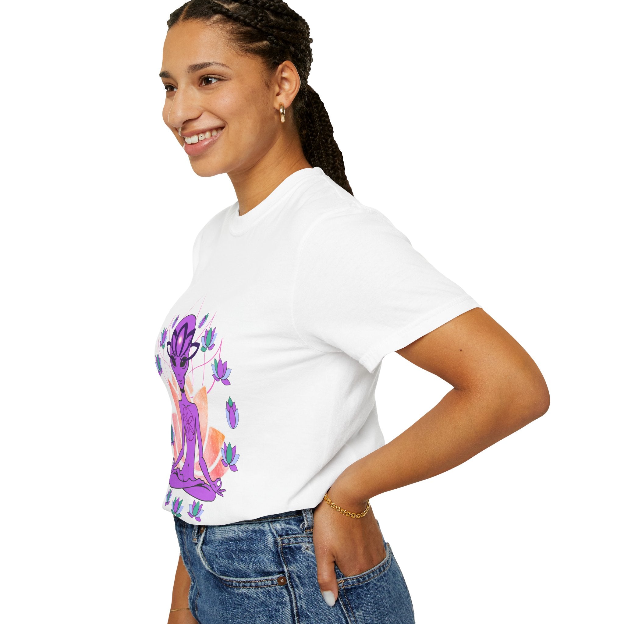Alien Yoga T-Shirt — Purple Meditating Alien Lotus Tee