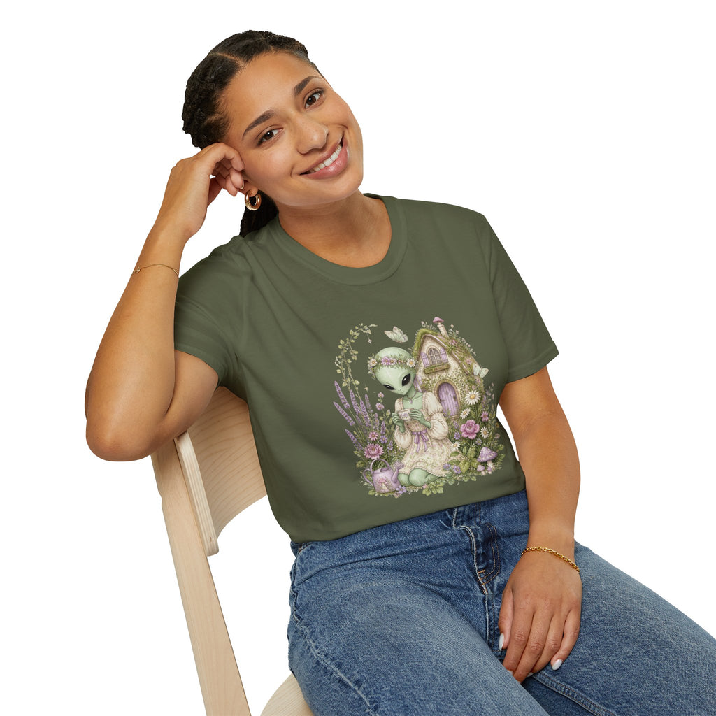 Alien Cottage Tee — Whimsical Floral Alien Garden T-Shirt