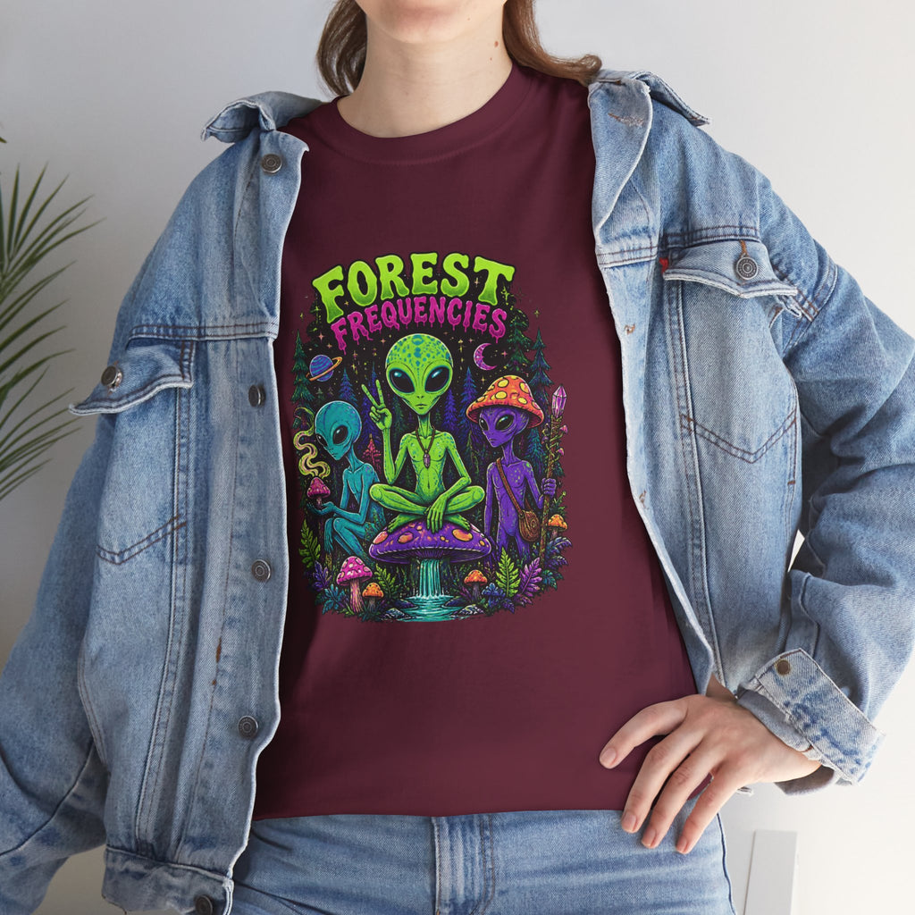 Forest Frequencies Alien T-Shirt — Psychedelic Mushroom Meditation Tee