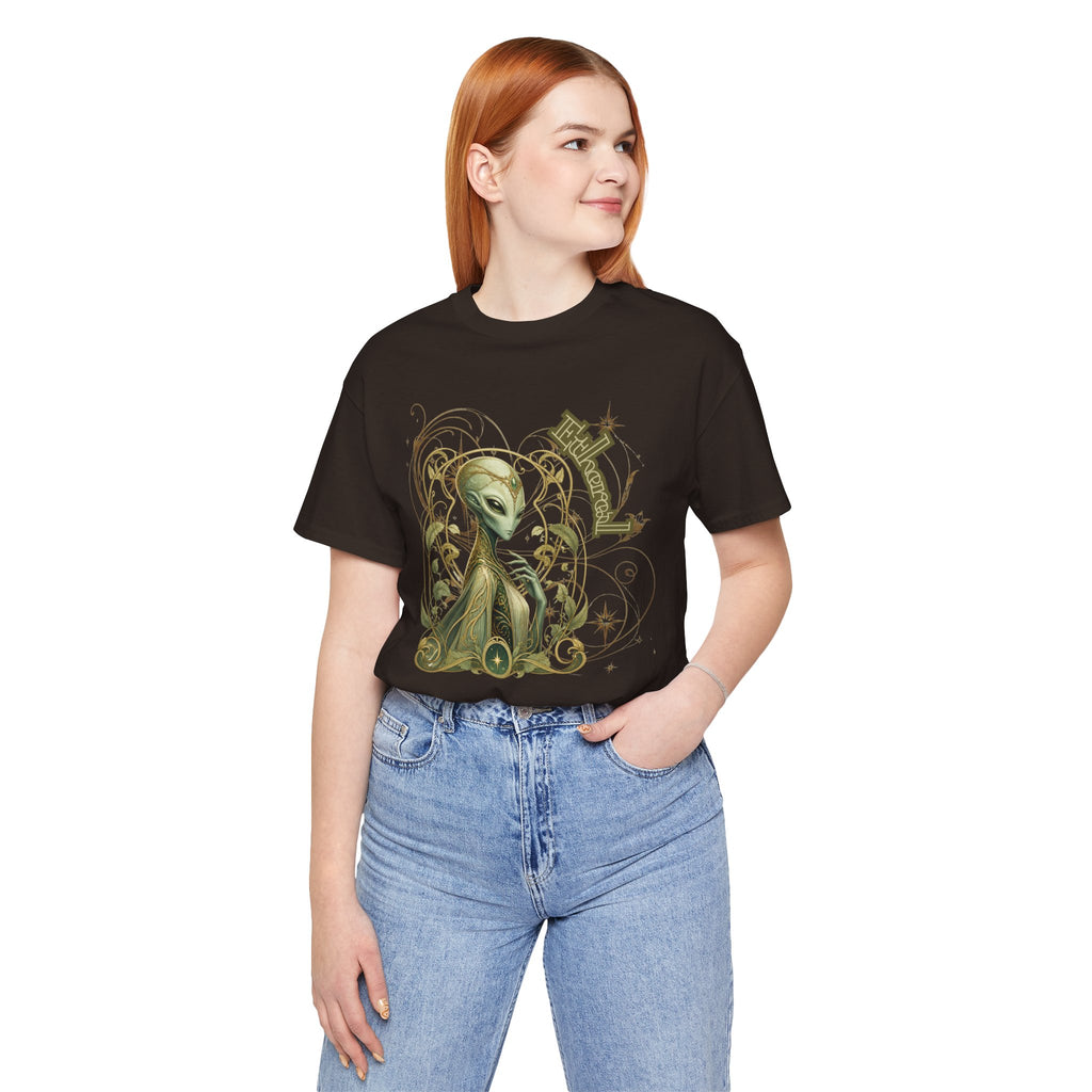 Alien Art Noveau Embrace T-Shirt — Mystical Green Alien Graphic Tee for Sci‑Fi Fans
