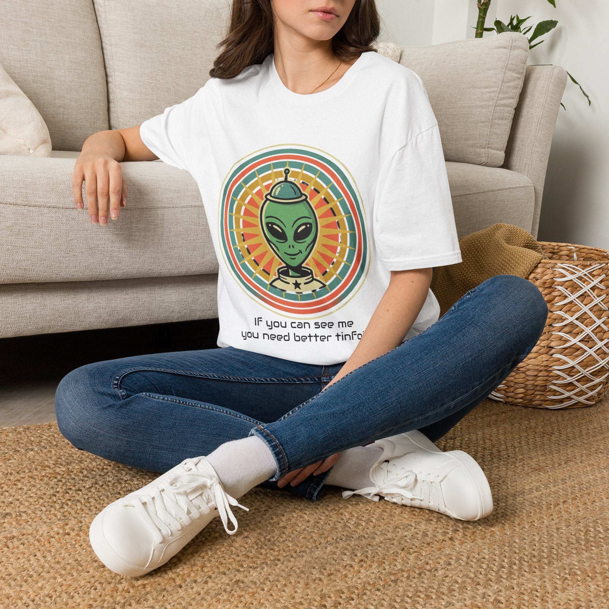 Alien Graphic T-Shirt — Retro Green Alien with Rainbow Halo ("If you can see me you need better tinfoil")