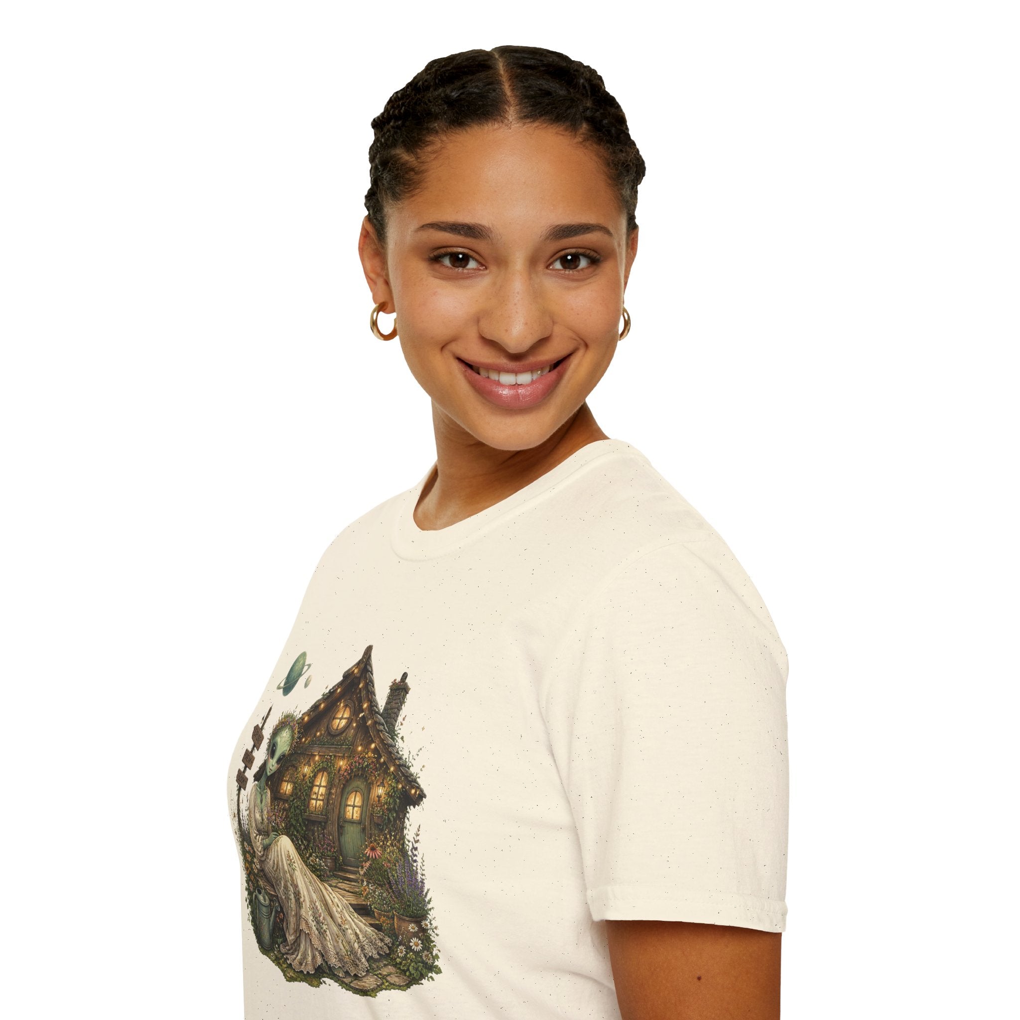 Alien Cottage T-Shirt — Whimsical Extraterrestrial Home Graphic