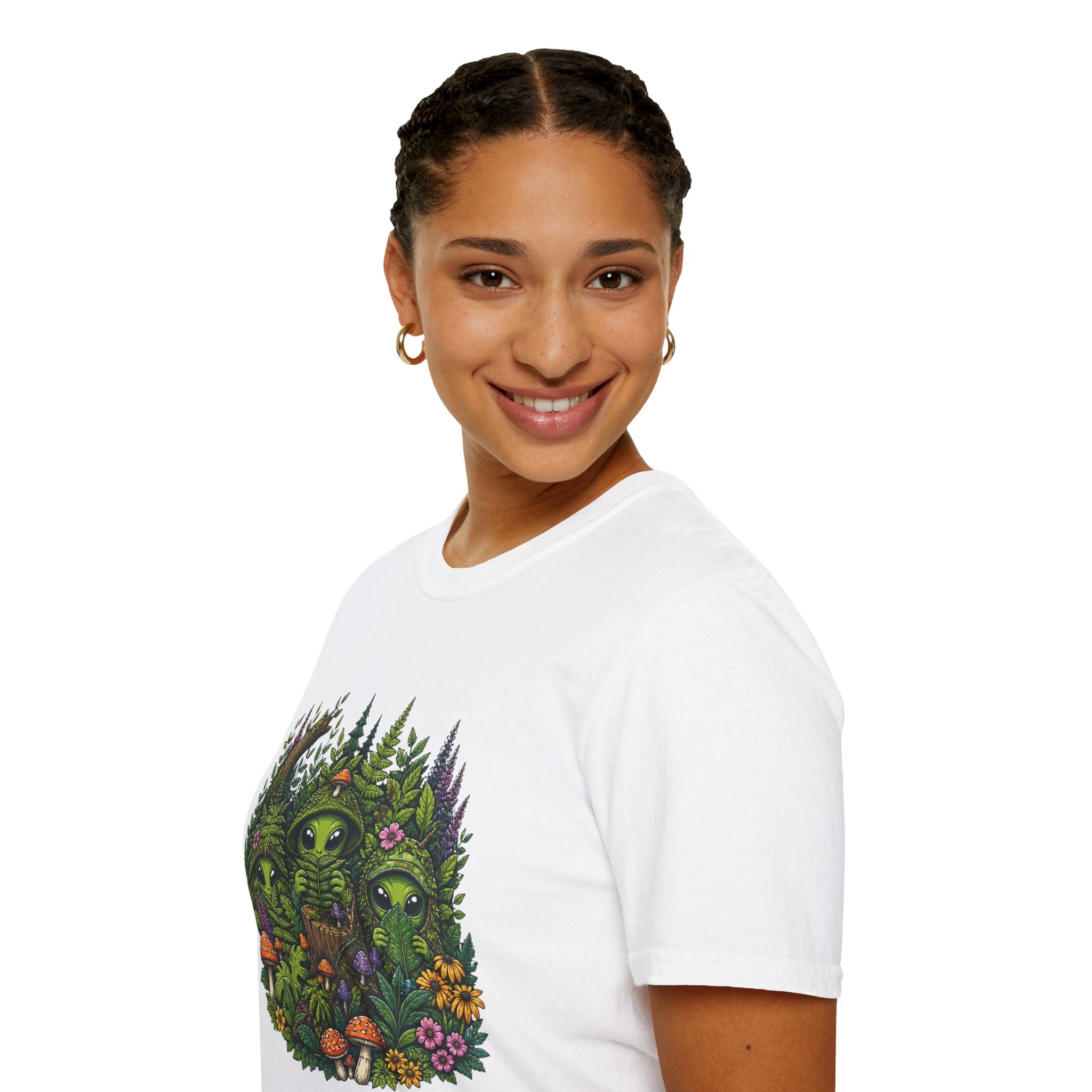 Alien Forest T-Shirt — Cute Green UFO Creatures with Mushrooms & Flowers