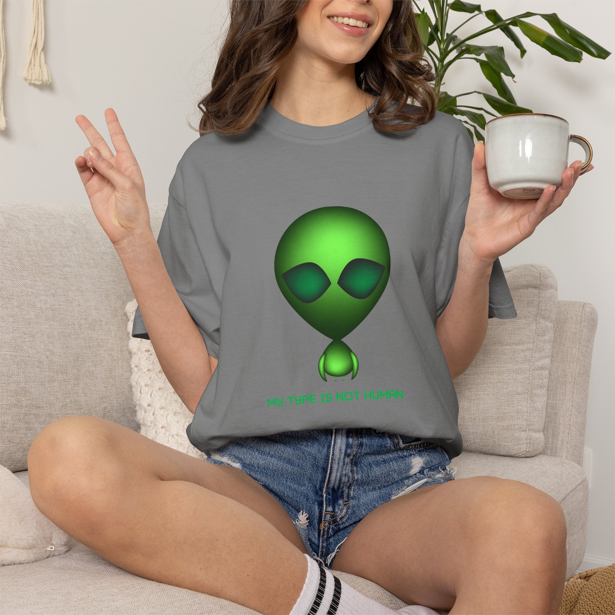 Green Alien T-Shirt — "My Type Is Not Human" Graphic Tee