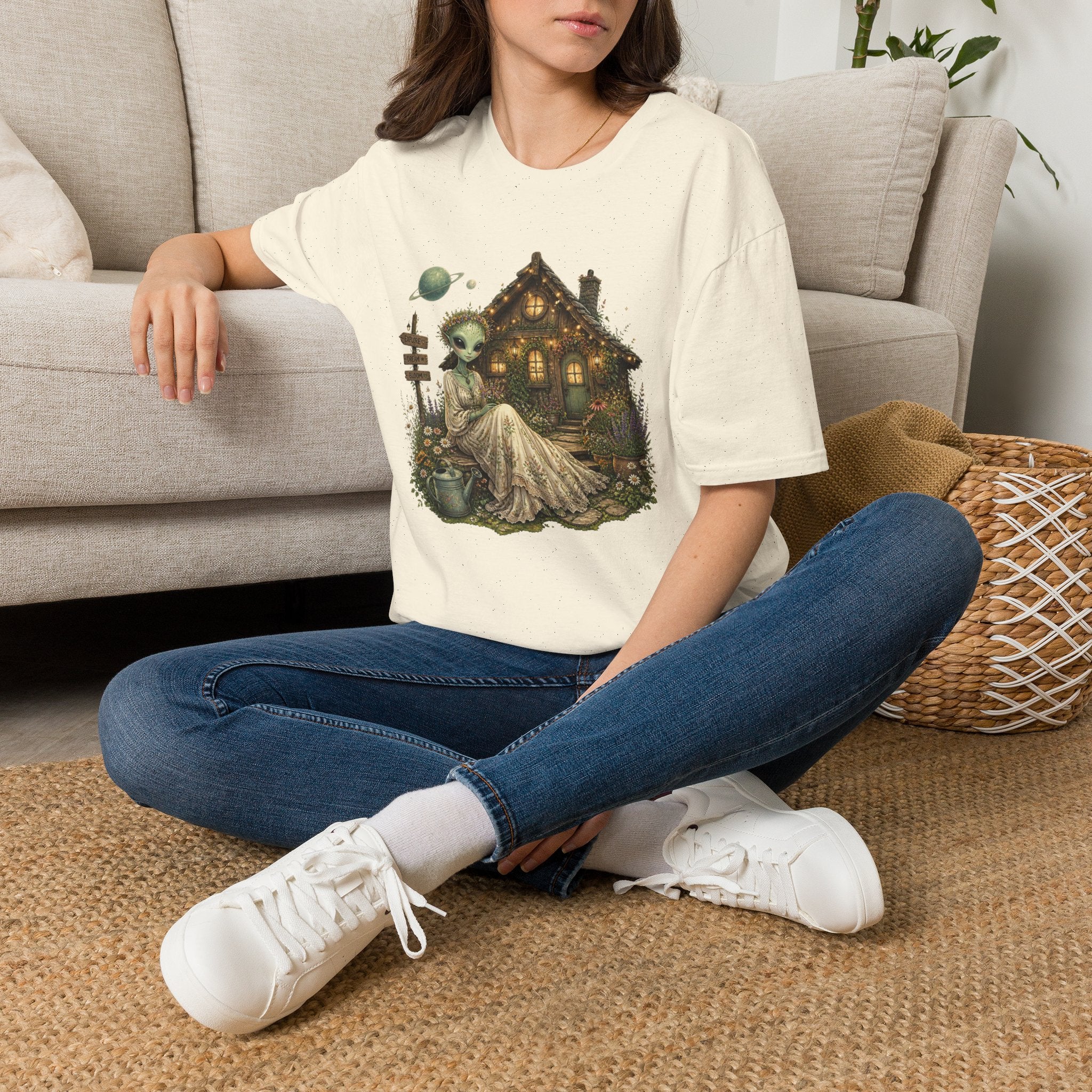 Alien Cottage T-Shirt — Whimsical Extraterrestrial Home Graphic