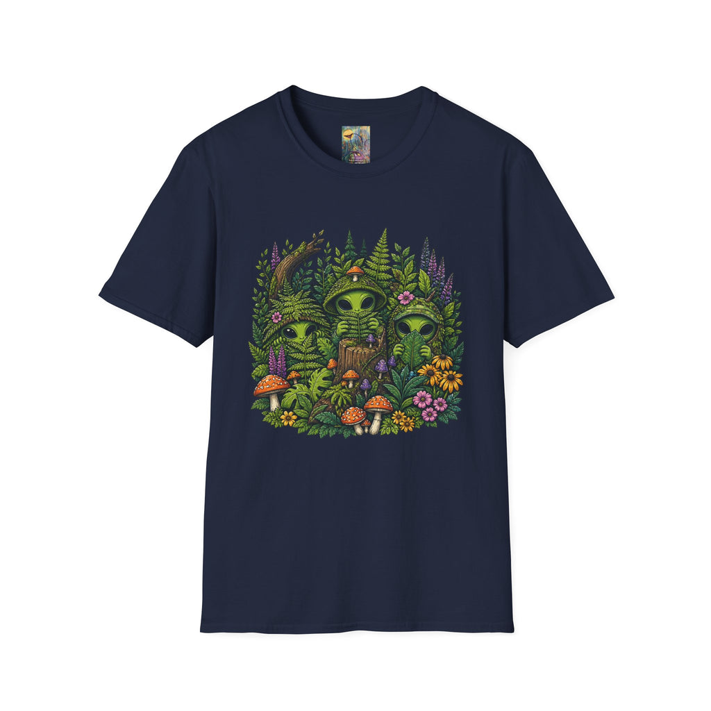 Alien Forest T-Shirt — Cute Green UFO Creatures with Mushrooms & Flowers