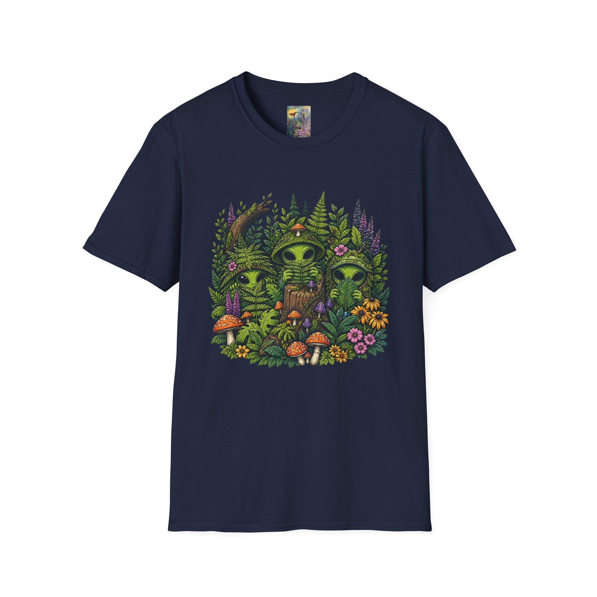 Alien Forest T-Shirt — Cute Green UFO Creatures with Mushrooms & Flowers