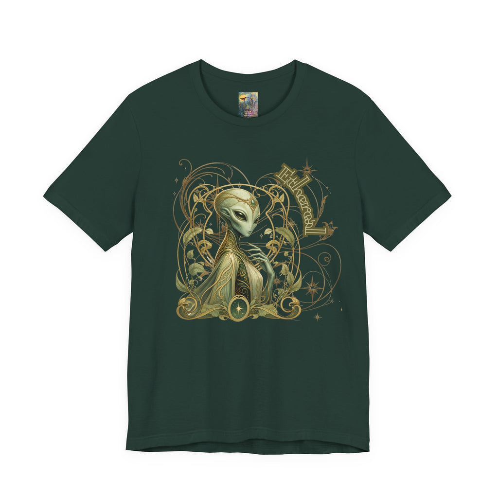 Alien Art Noveau Embrace T-Shirt — Mystical Green Alien Graphic Tee for Sci‑Fi Fans