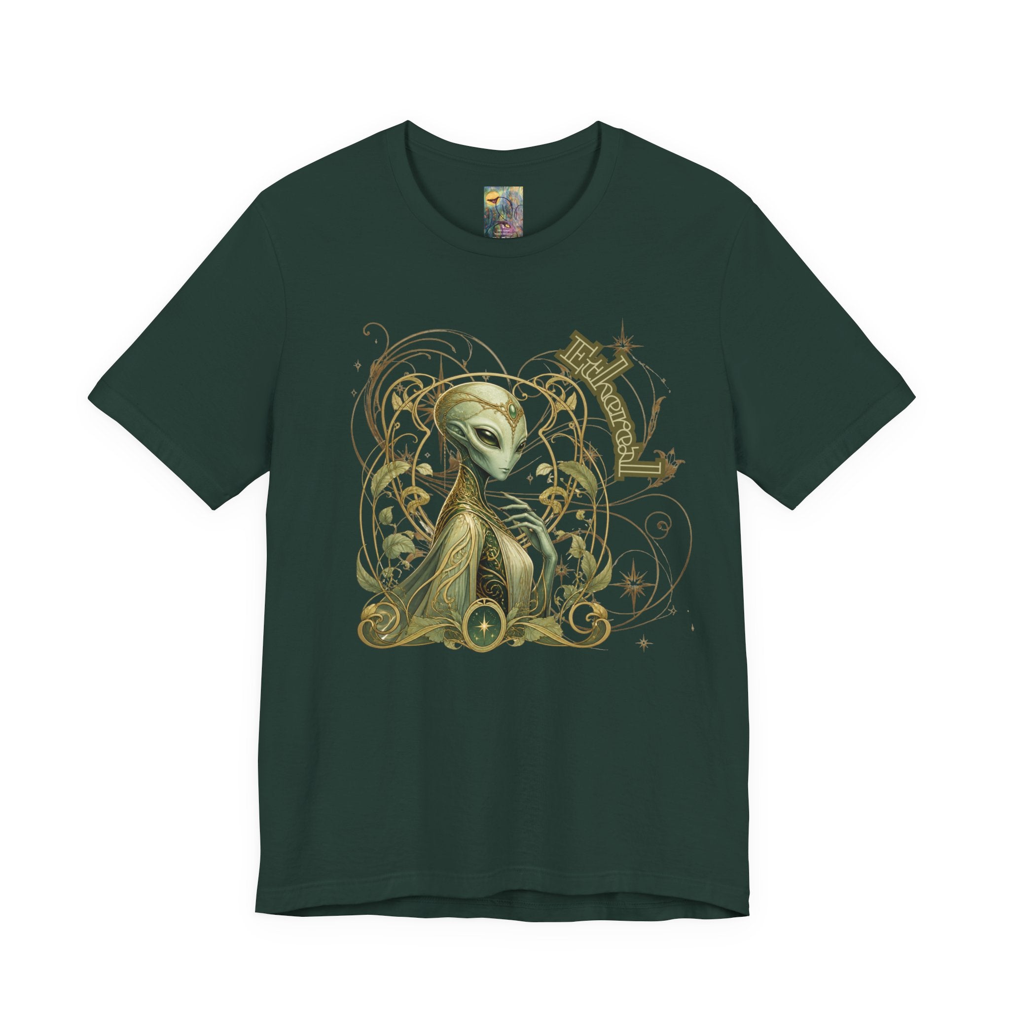 Alien Art Noveau Embrace T-Shirt — Mystical Green Alien Graphic Tee for Sci‑Fi Fans