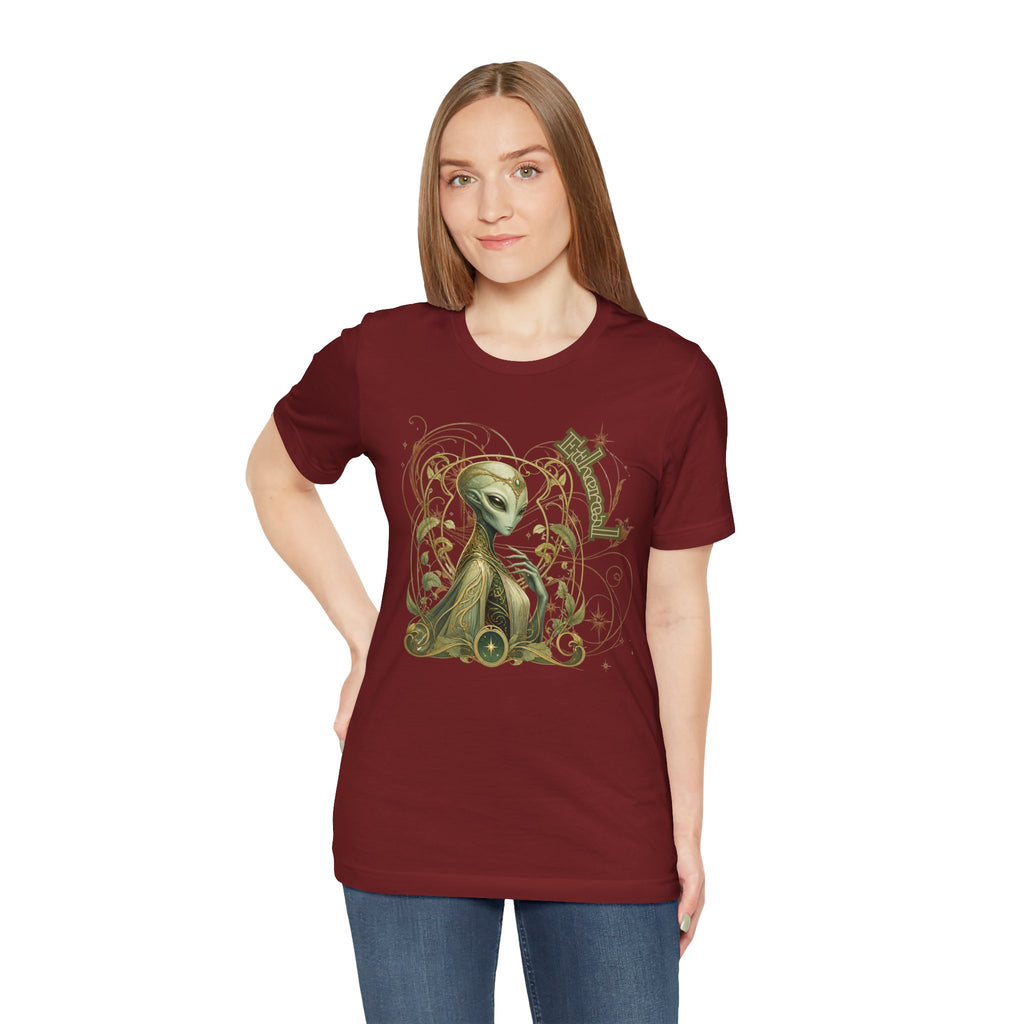 Alien Art Noveau Embrace T-Shirt — Mystical Green Alien Graphic Tee for Sci‑Fi Fans