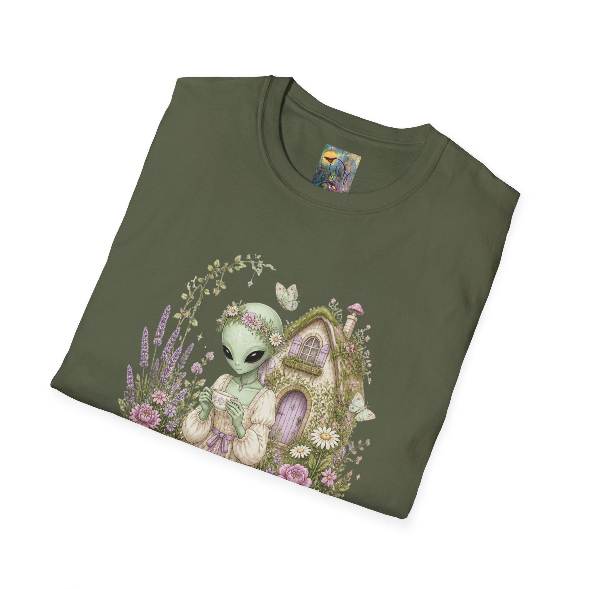 Alien Cottage Tee — Whimsical Floral Alien Garden T-Shirt