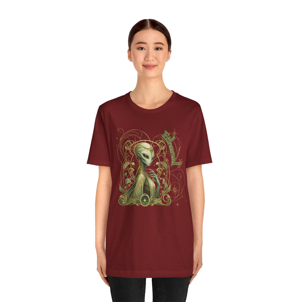 Alien Art Noveau Embrace T-Shirt — Mystical Green Alien Graphic Tee for Sci‑Fi Fans