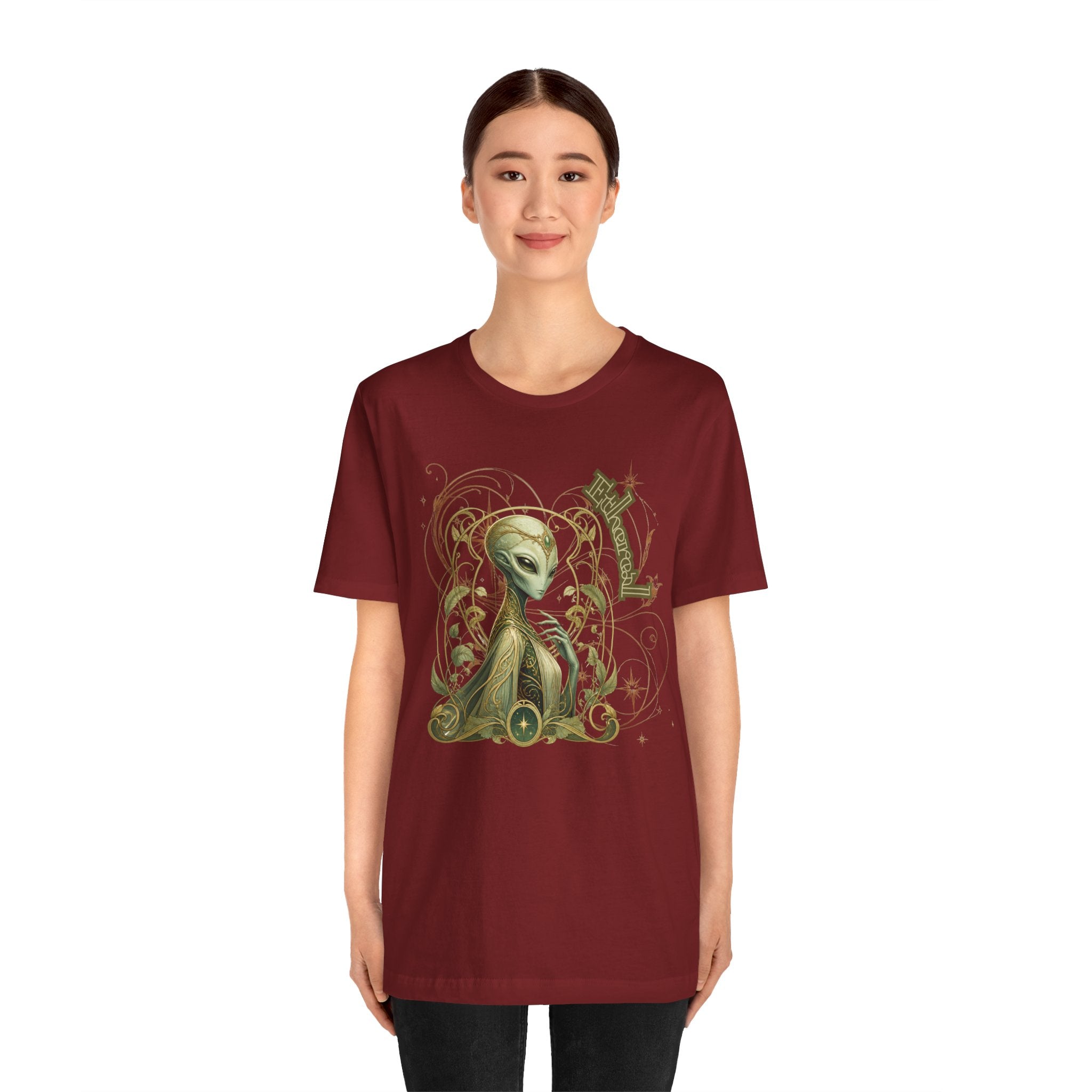 Alien Art Noveau Embrace T-Shirt — Mystical Green Alien Graphic Tee for Sci‑Fi Fans