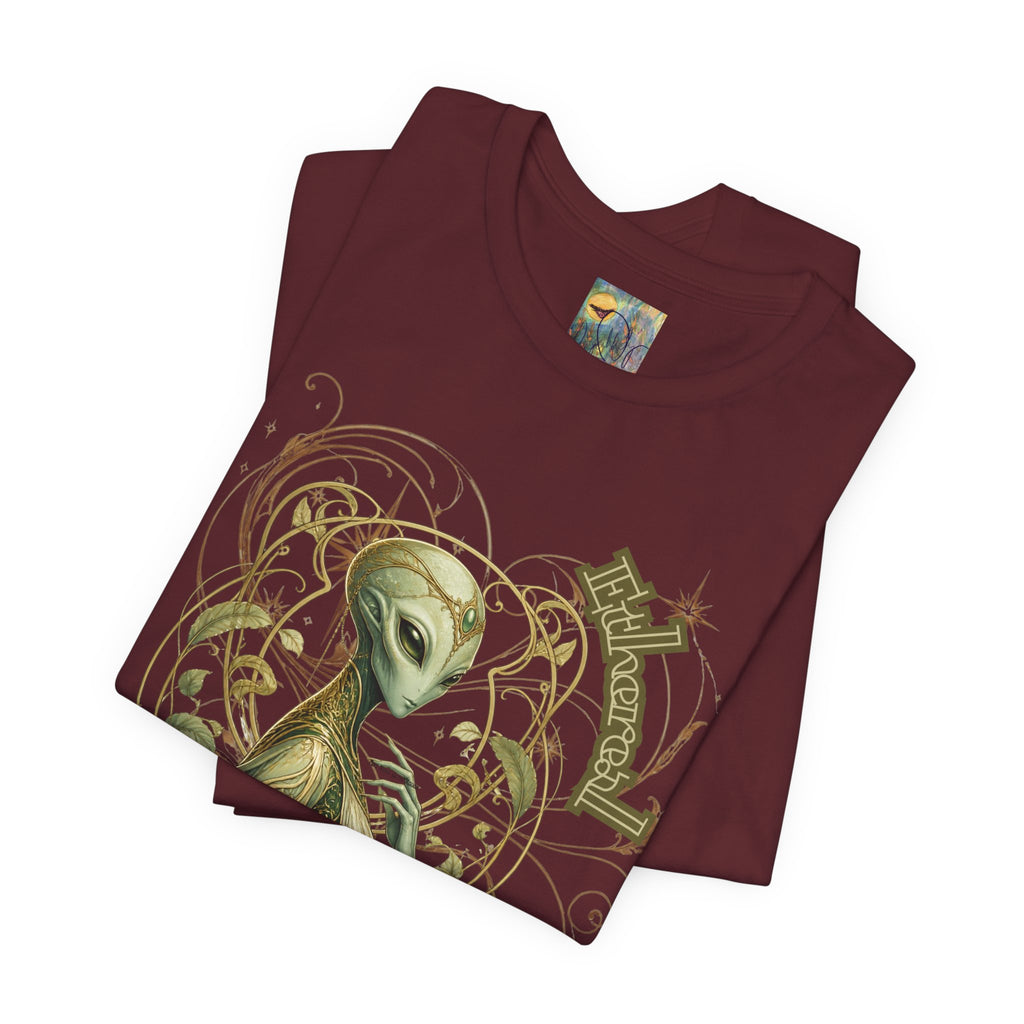 Alien Art Noveau Embrace T-Shirt — Mystical Green Alien Graphic Tee for Sci‑Fi Fans
