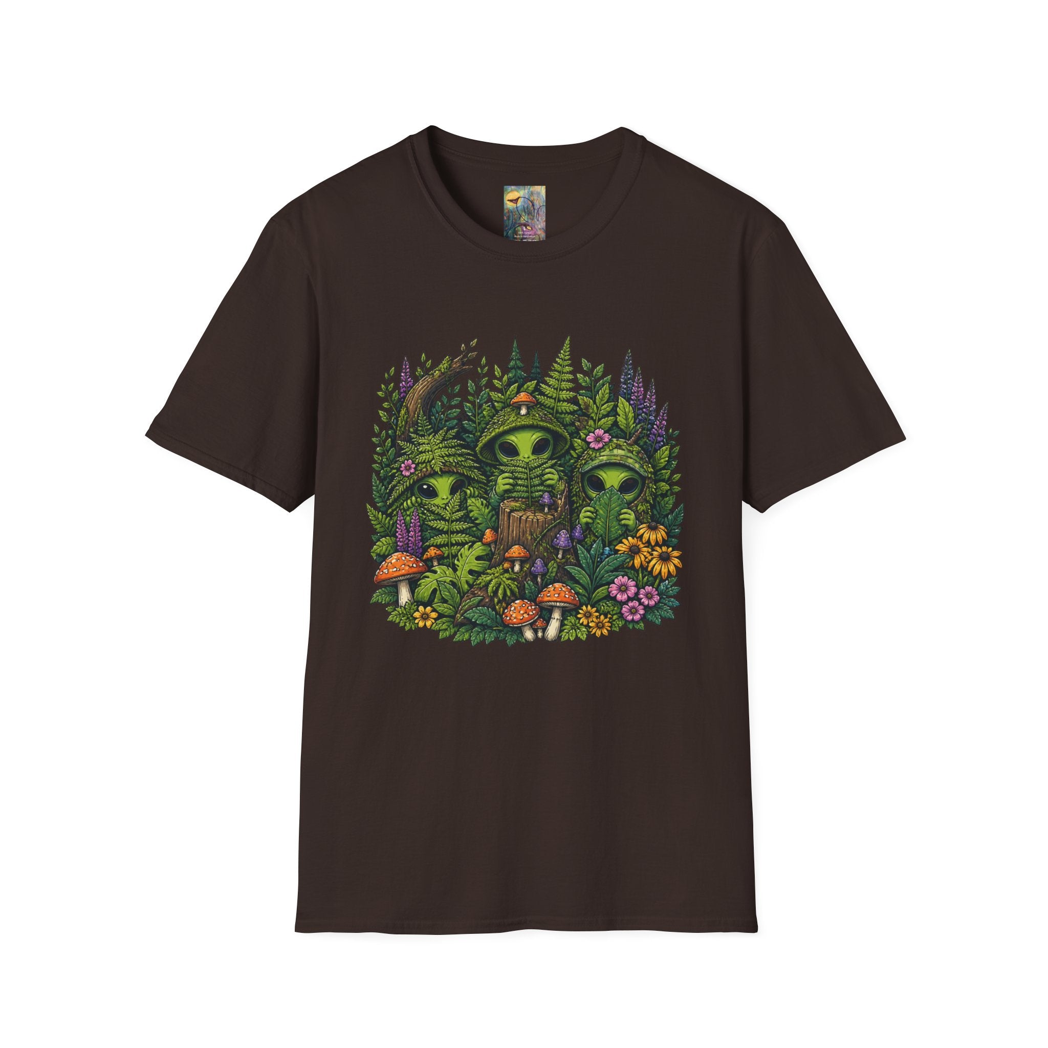 Alien Forest T-Shirt — Cute Green UFO Creatures with Mushrooms & Flowers