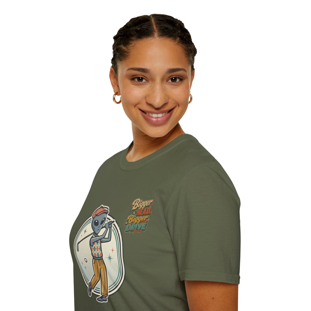 Alien Golfer T‑Shirt : The Bigger the Head, The Bigger the Drive"— Vintage Space Golf Graphic Tee