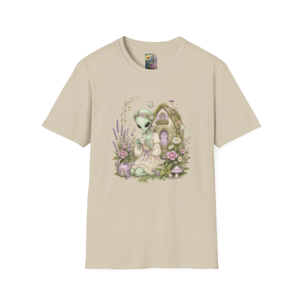 Alien Cottage Tee — Whimsical Floral Alien Garden T-Shirt